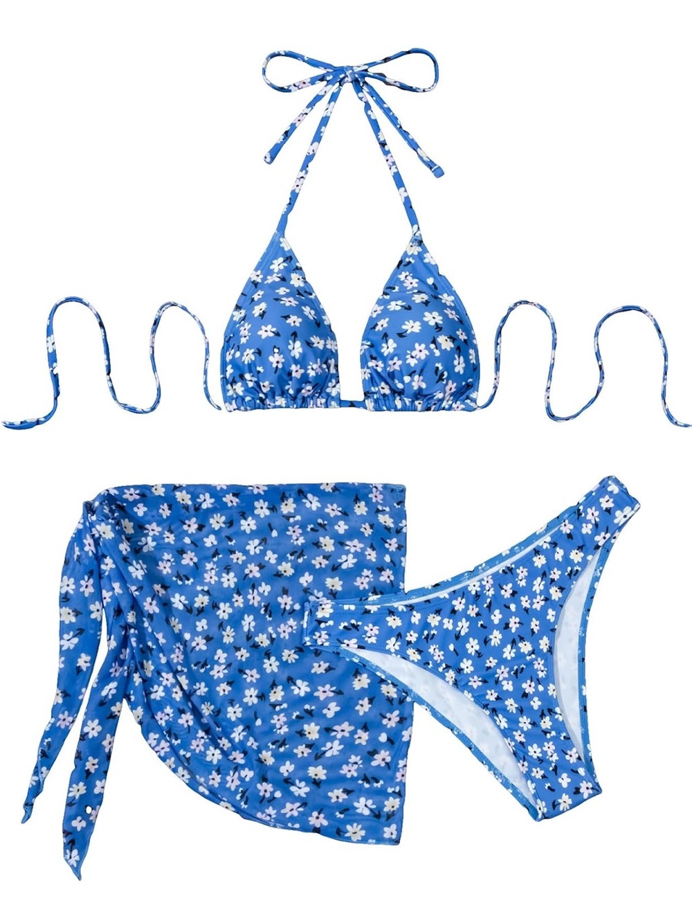 Blue Floral Triangle Bikini Set with Sarong - S